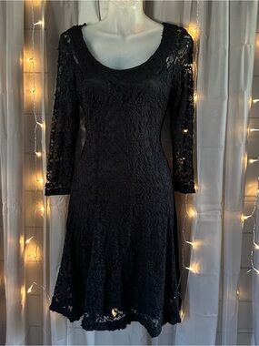 90s Rods western black nylon lace quarter sleeve midi dress Sz M
